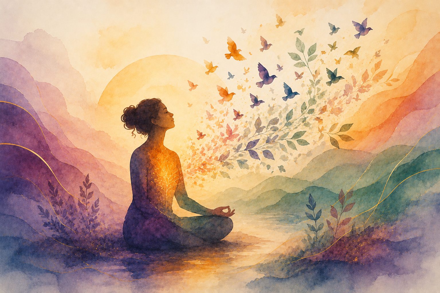 A healing circle of people seated together beneath butterflies forming an infinity sign at sunset