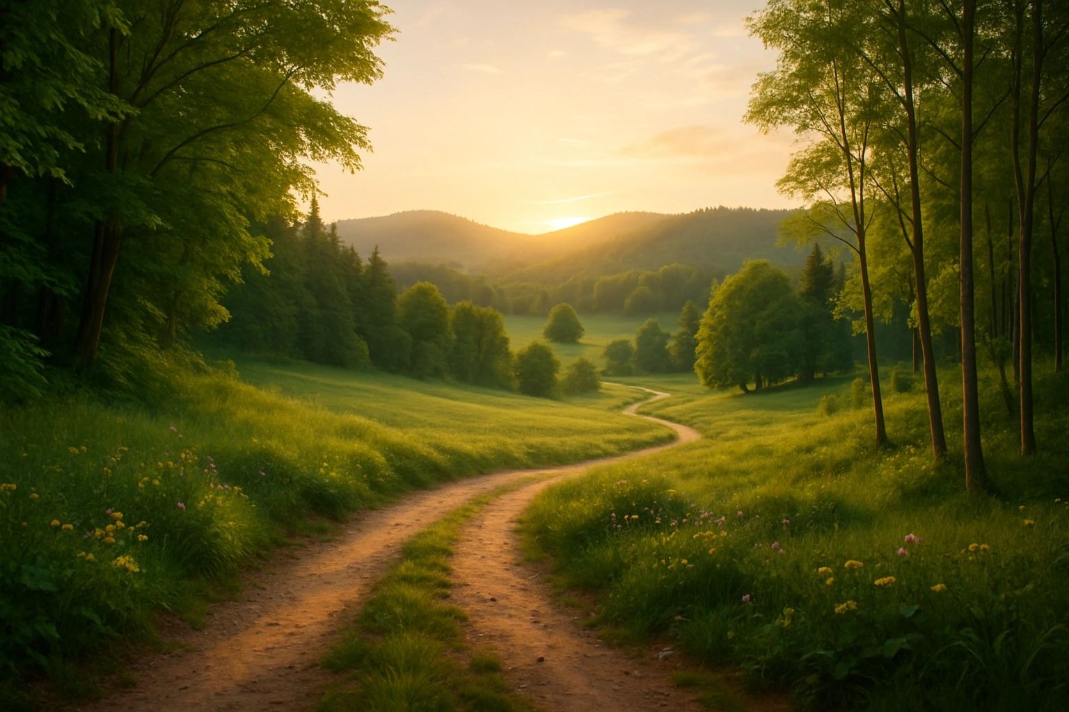 Scenic landscape with a winding path through green meadows at golden hour
